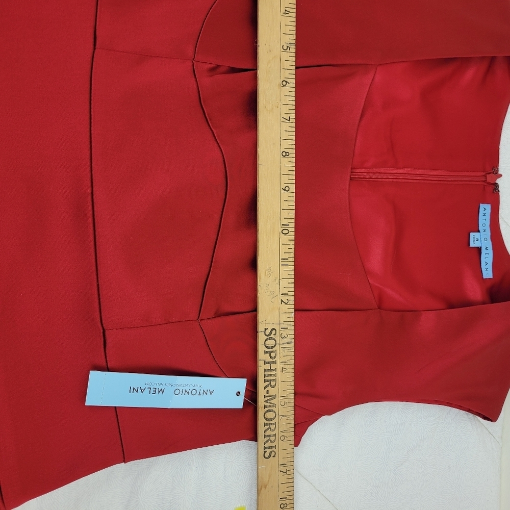Antonio Melani red satin fitted dress cap sleeves square neckline fancy NWT 8 - Picture 5 of 11